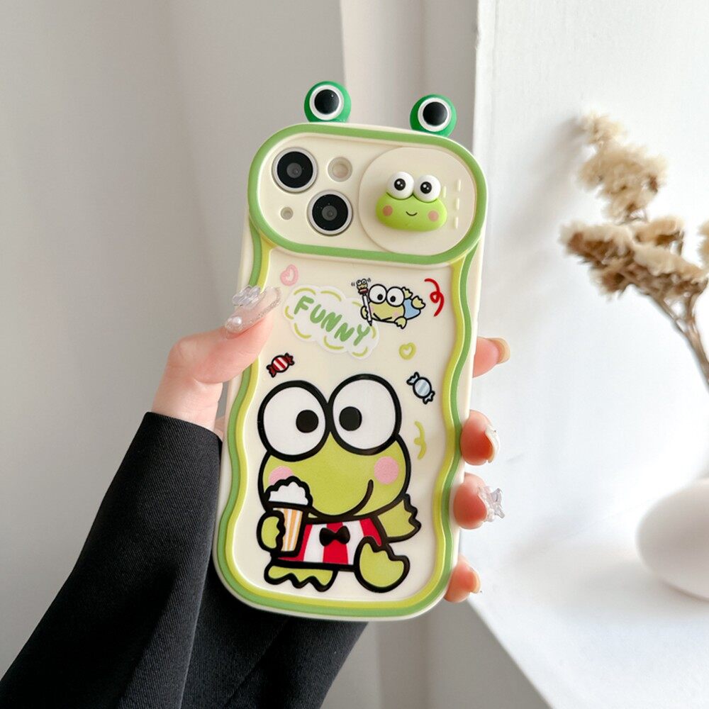Cute Cartoon Frog Kero Kero Keroppi with 3D Ear Push-Pulled Camera Lens Phone Case for iPhone 15 Pro Max Plus Shockproof Soft Phone Back Cover for iPhone 14 Pro Max Phone Cases for iPhone 13 12 11 Protective Shell