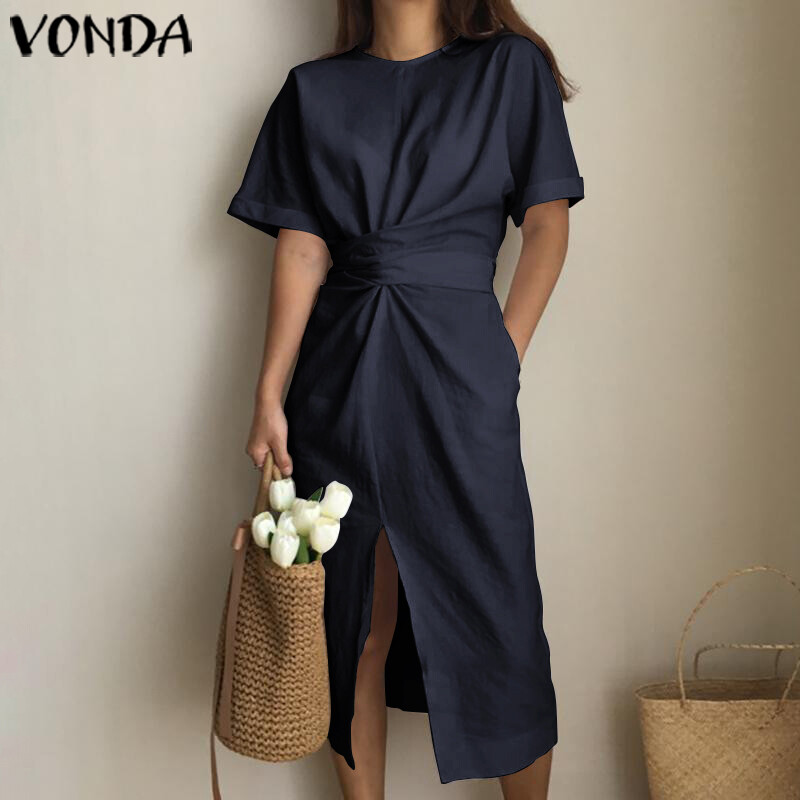 （Korean Style) VONDA Women Summer Oversized Short Sleeve Casual Sundress Shirt Slit Dress