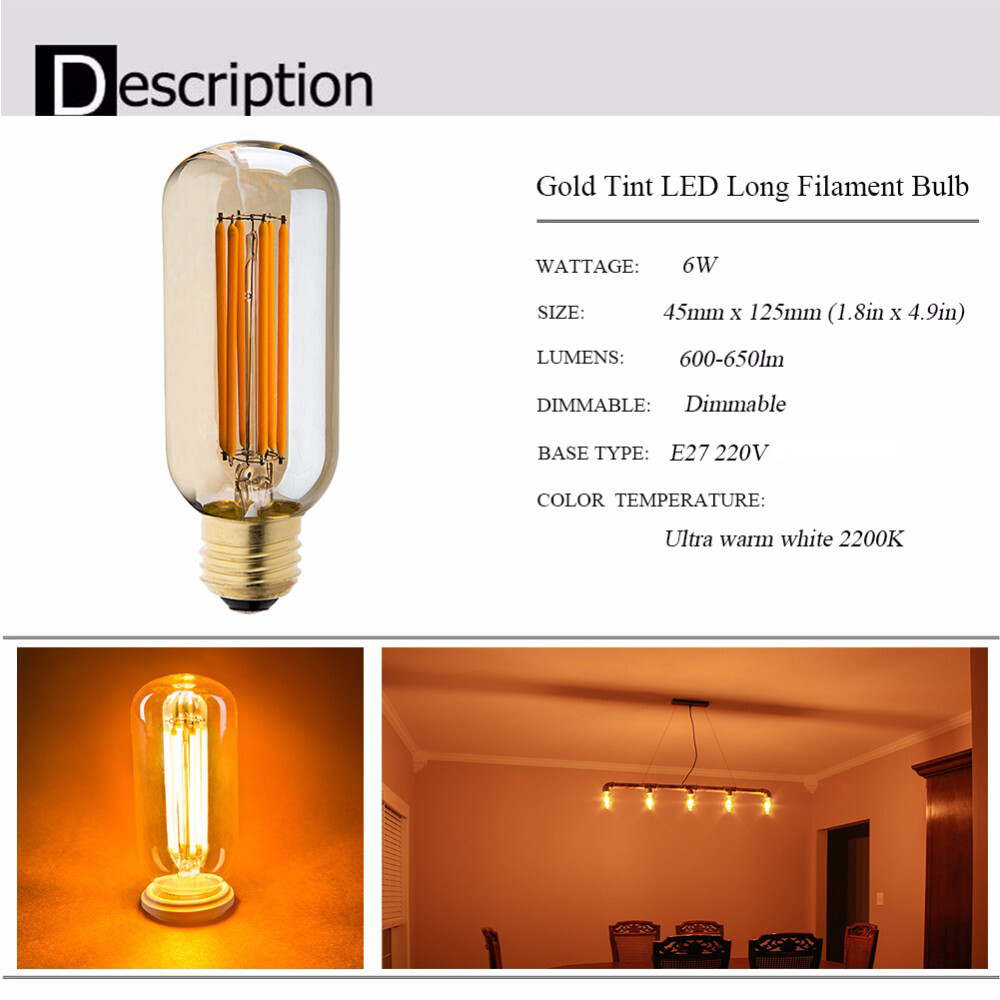E27 led filament bulb 4w 6w t45 vintage edison led bulbs 220v 2700k wam white dimmable light bulb for home decorative lighting