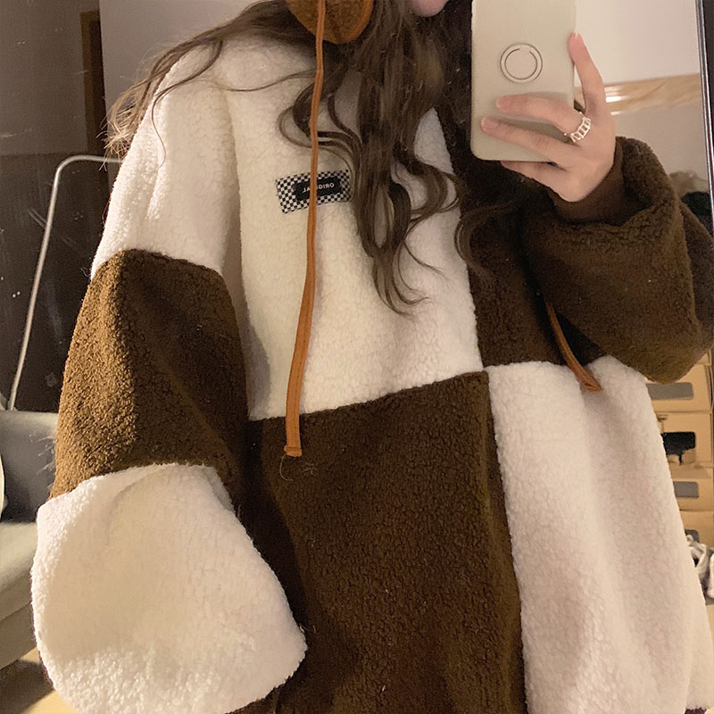 Du Yan sweater for women Korean version of the round neck plus velvet thickened color-blocked lamb velvet sweater long-sleeved pullover top