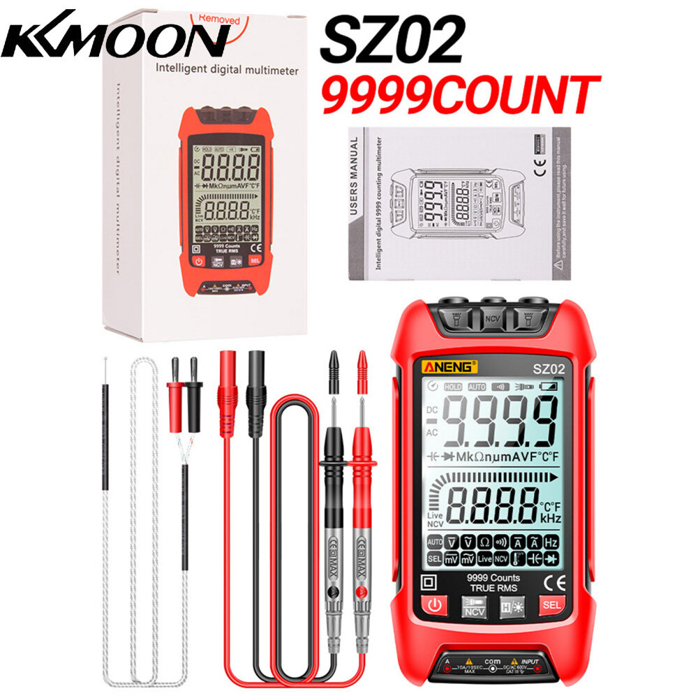 KKmoon Đồng Hồ Vạn Năng Kỹ Thuật Số Thông Minh ANENG SZ02 Đồng Hồ Vạn Năng NCV Phạm Vi Tự Động 9999 Số Đếm Máy Kiểm Tra Đa Năng Cầm Tay Vôn Kế Ampe Kế Có Đèn Nền Đèn Pin Điện Áp AC/DC & Điện Trở Dòng Điện Đo Nhiệt Độ Tần Số Điện Dung