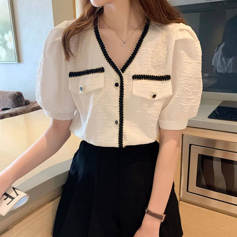 2021 summer small fragrance chiffon shirt fashion temperament all-match short-sleeved shirt puff sleeves