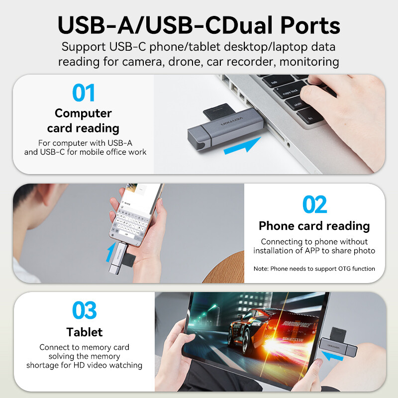 Vention USB 3.0 2 Trong 1 Đầu Đọc Thẻ Nhớ USB A Type C to SD TF Micro SD Bộ Chuyển Đổi cho Laptop OTG Smart Phone Tablet Desktop All in One Memory SD Card Reader