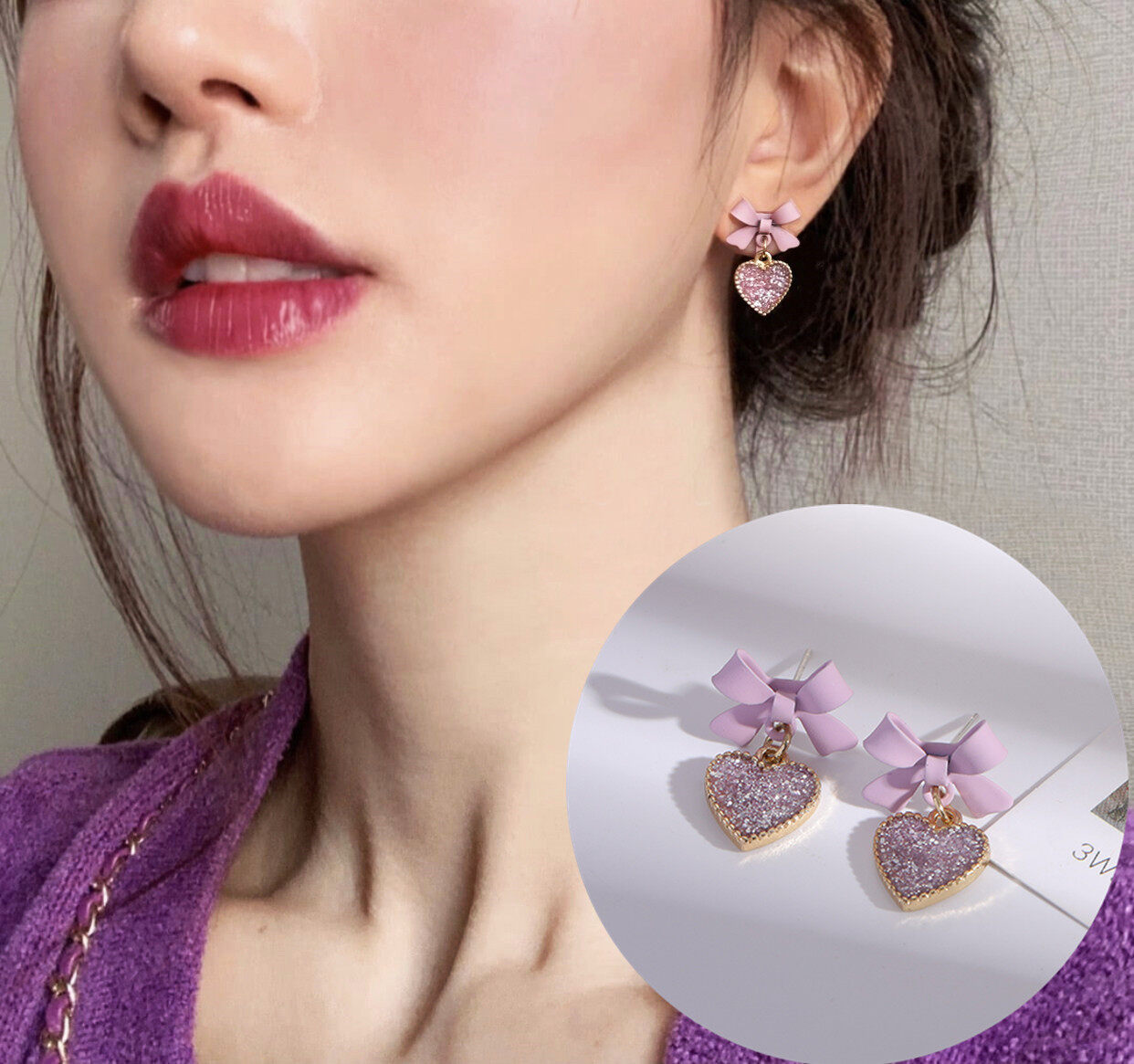 1Pair Korean Style Simple Fashion Sweet Purple Bow Heart Pendant Decorated with Rhinestone Earrings for Women