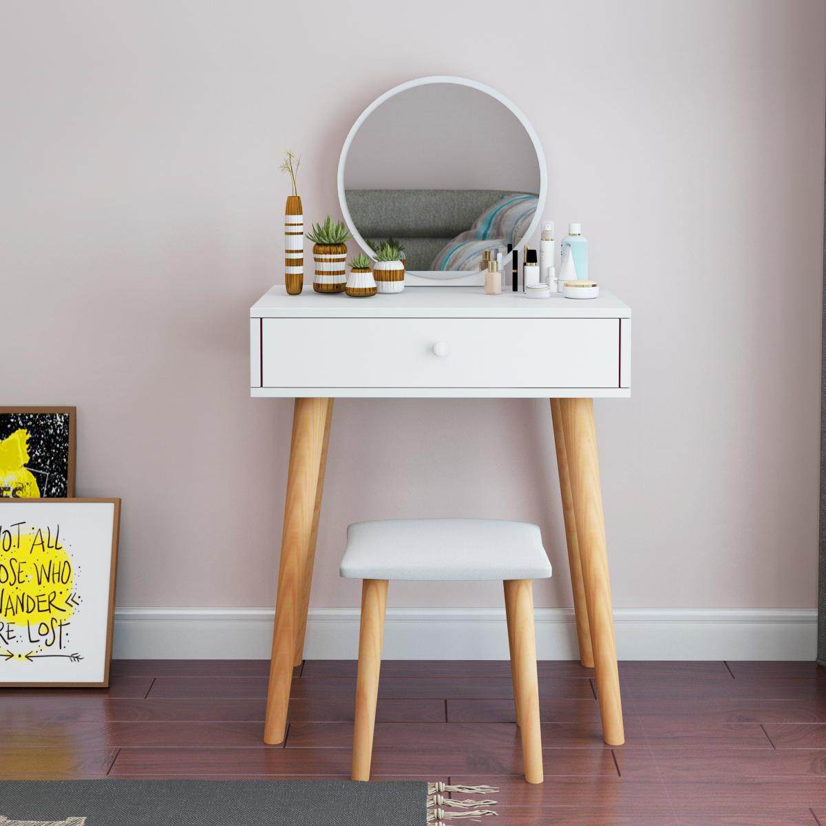 60CM in Width, Dressing Table Solid Wood European Bedroom Dressing Table with Stool, Princess Makeup Cabinet Luxury flip Small Dressing Table. Doubel Drawer