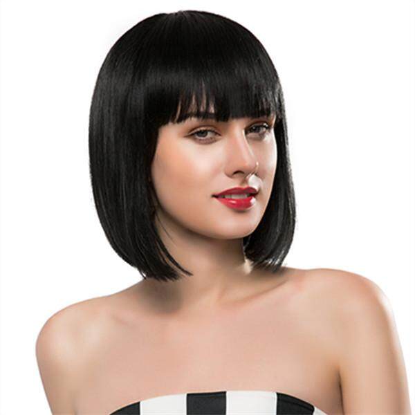 Baosity Fashion Natural Real Human Hair Black Full Head Wig Short
