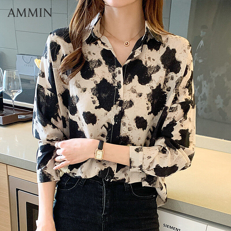 AMMIN Long Sleeve Chiffon Printed Shirt For Women Korean New Fashion Temperament Casual Top Lady Floral Blouse