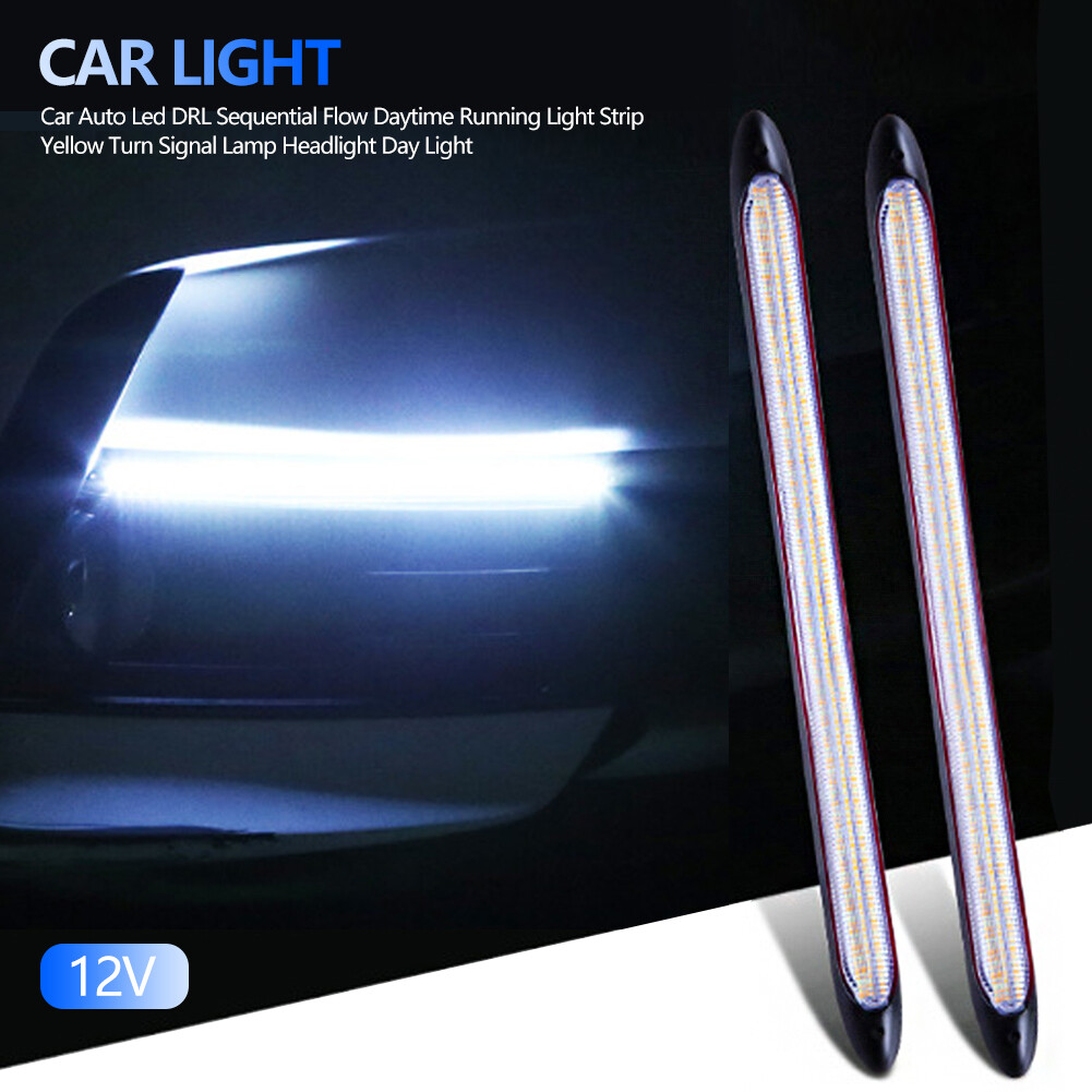 JaneDream 2Pcs 12V Car Auto Led DRL Sequential Flow Daytime Running Light Strip Yellow Turn Signal Lamp Headlight Day Light