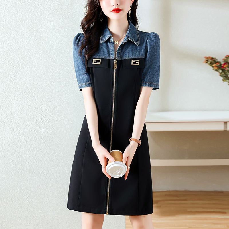 Váy liền denim ngắn tay thời trang váy liền denim ngắn tay mẫu mới 2024