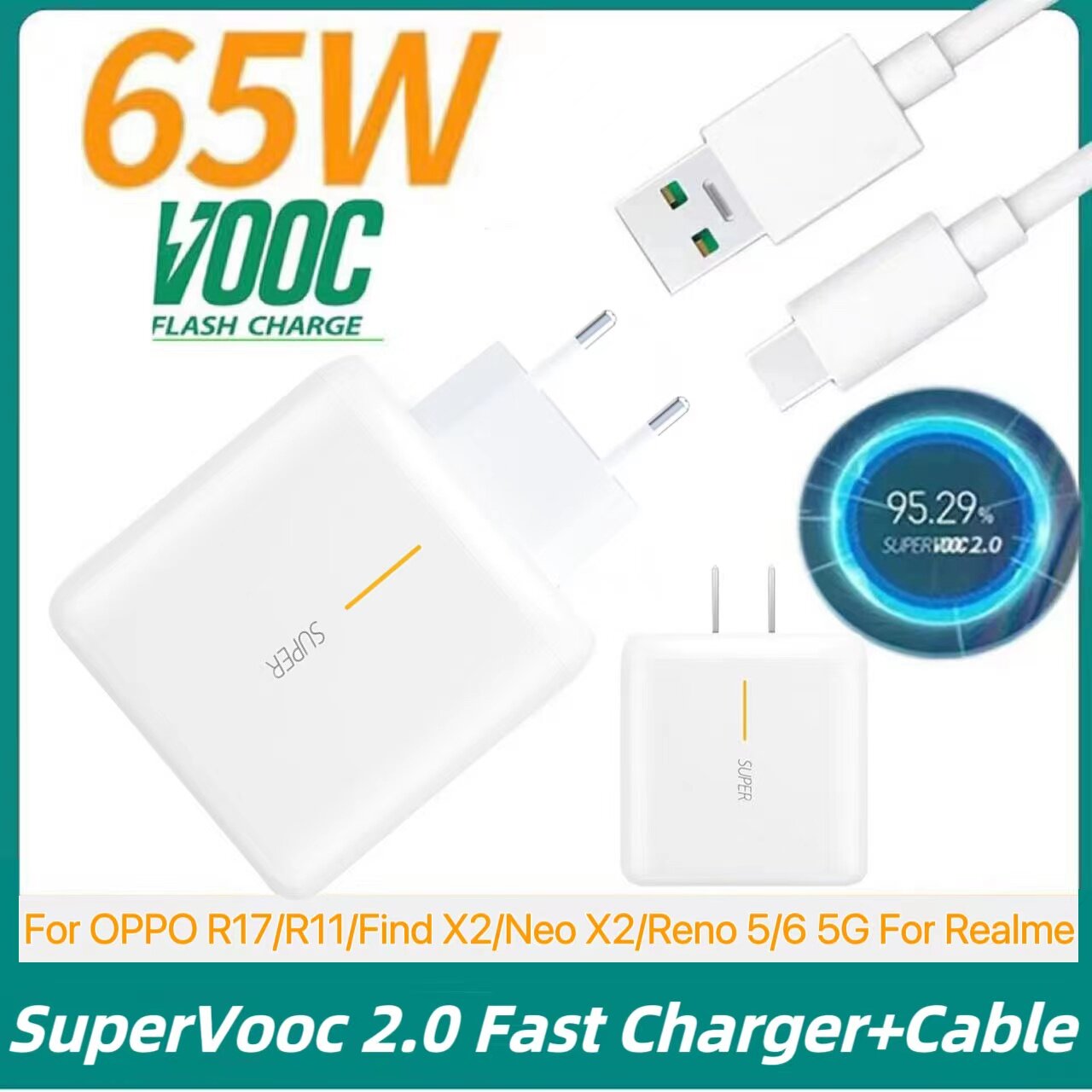 Chargeur 65W Fast Charge 6.5A VOOC 2.0 USB OPPO Find X3 Neo OPPO Find X3  Pro
