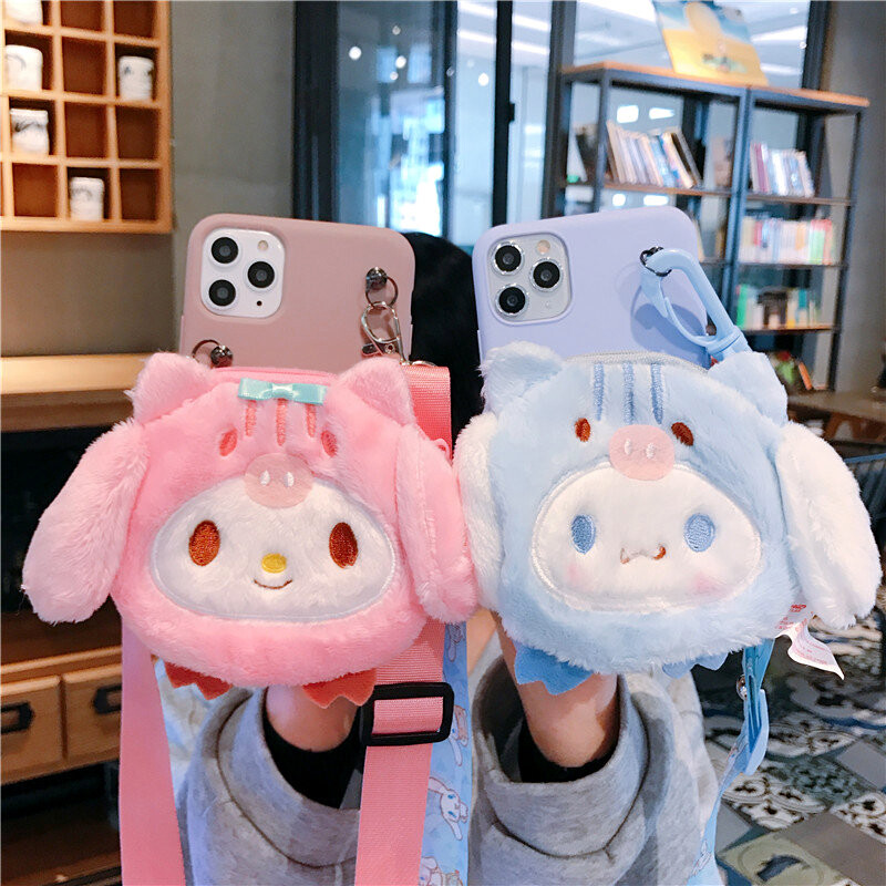 For apple iphone 6 6s 6 plus 6s plus 7 plus 8 plus x xs case cute cartoon melody plush wallet case cover with long lanyard tpu silicone phone casing