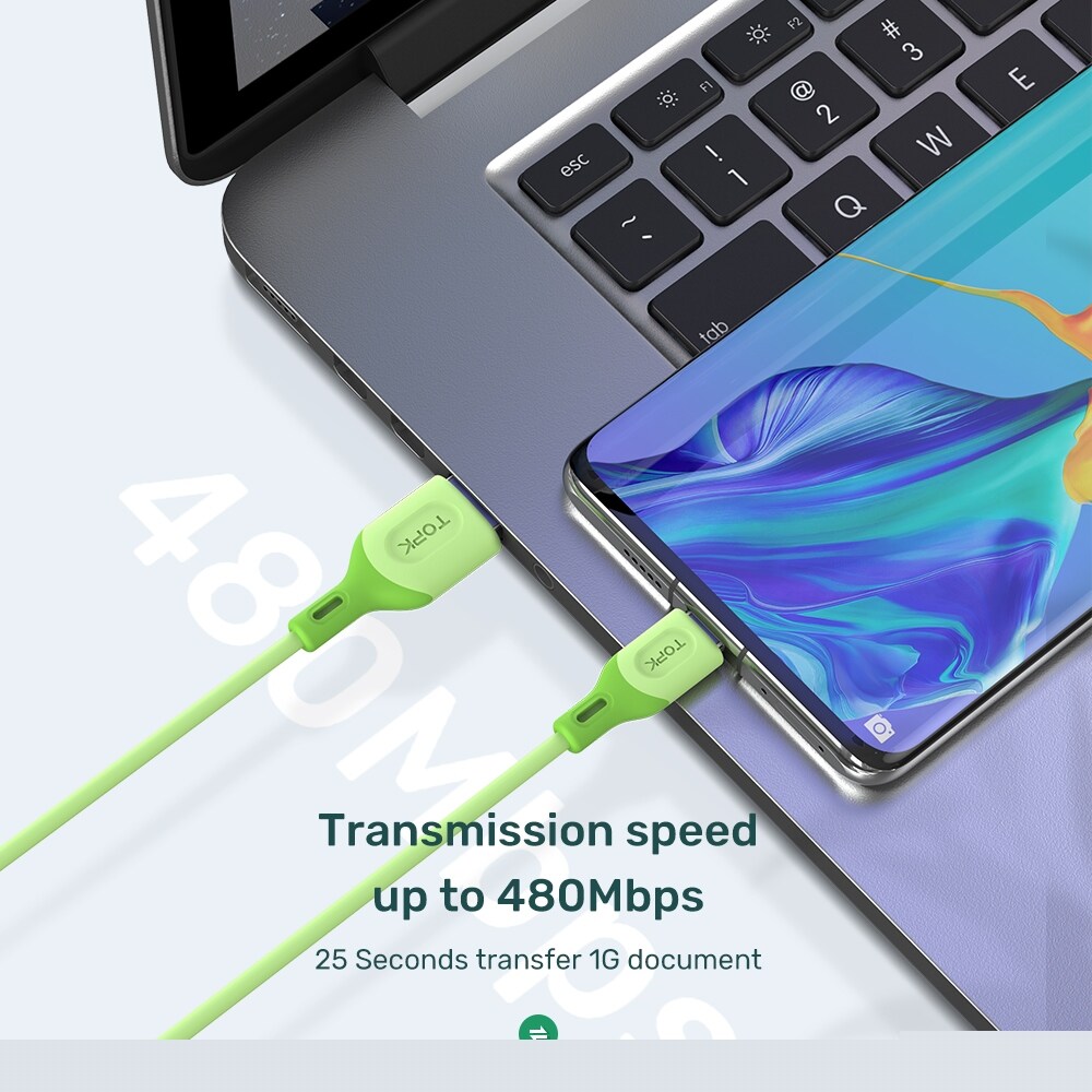 [ELEGANT] TOPK AN84 Micro USB Type C Cable for XiaoMi redmi note 9 3A Fast Charging Liquid Silicone Mobile Phone Data Cable for Samsung