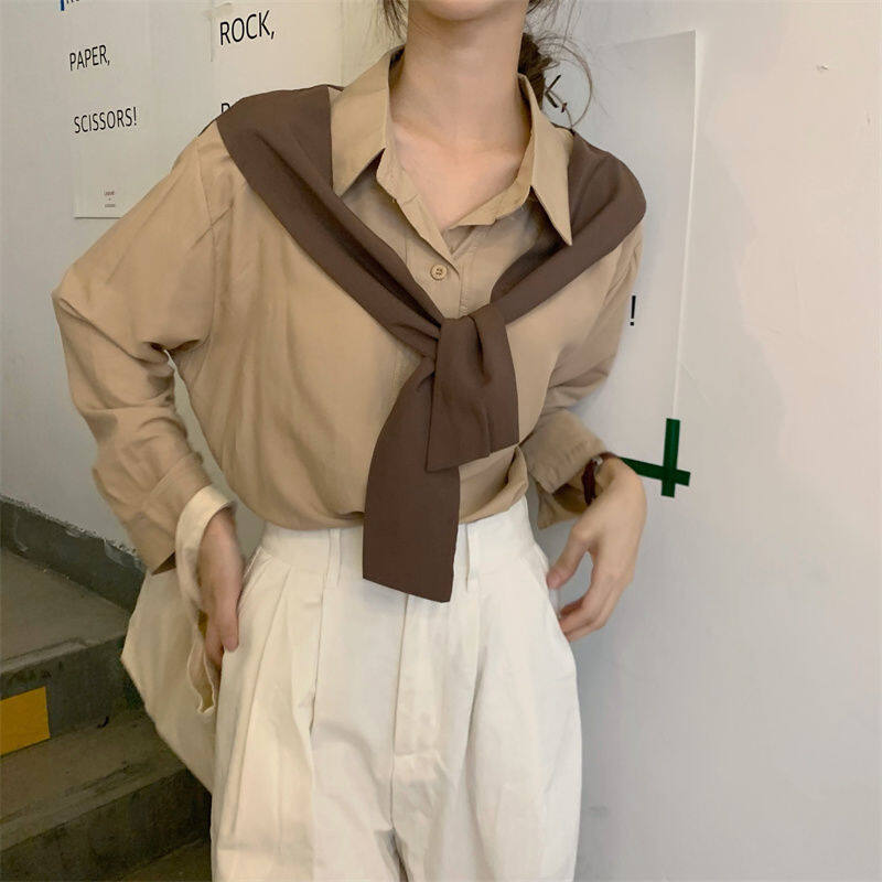 gfsdfsee Oversized Long Sleeve Blouse + Girls Women + Korea Fashion + Retro Style + Fake Two Shawl + Malaysia