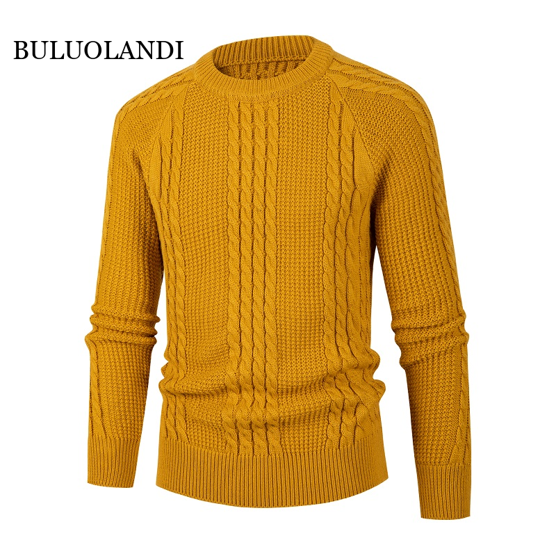 BULUOLANDI Höst Vinter Herr Enfärgad Twist Stickad Tröja Modetröja Lös Topp366_voghion.com