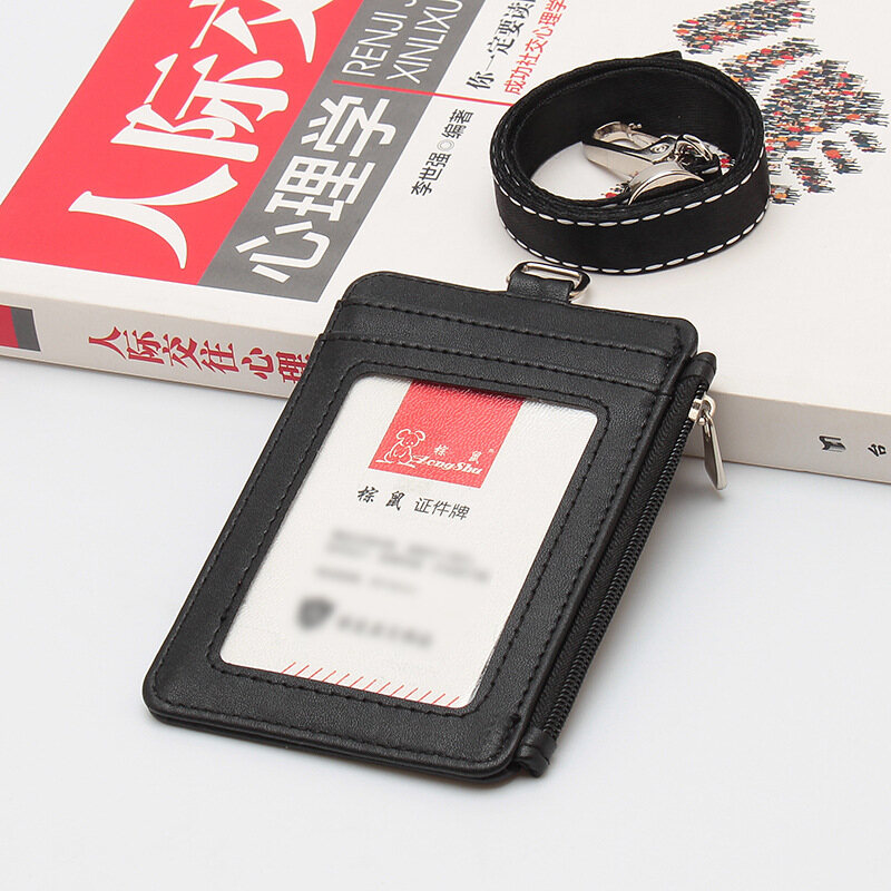2023 Zip Multi-card Slots Staff Office Worker Student Card Holder PU Leather Badge Access Control Business Lanyard Zipper Work Permit