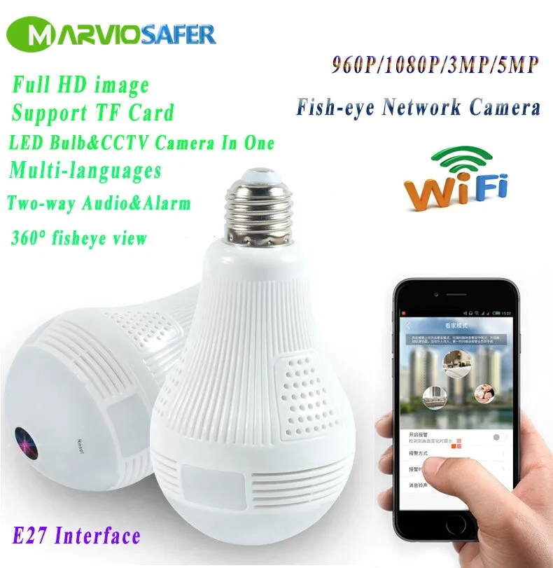 1080P 3MP หลอดไฟ LED 5MP องศา VR กล้องวงจรปิดไร้สาย Wifi IP กล้องเครือข่ายพาโนรามาฟิชอาย IPcam,กล้องวิดีโอ