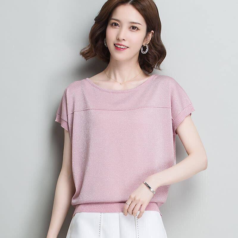 40-90kg Loose Summer Batwing Sleeve Shiny knitted short sleeve solid color T-shirt Female