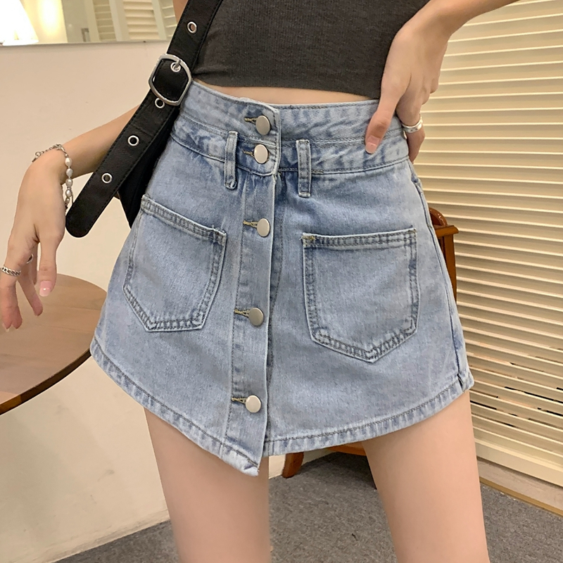 Large women's wear # high waist button jeans short skirt women's skirt pants summer new short A-shaped skirt pants skirt fashion
