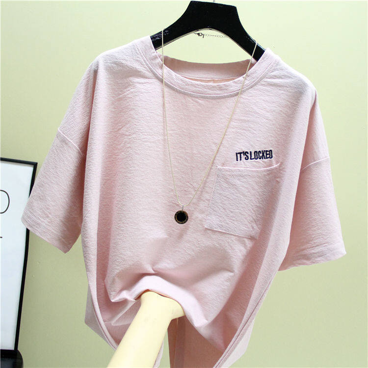 Pure Cotton Summer New Short-sleeved T-shirt Plus Size Women's Loose and Thin Embroidered Letter Pocket Trendy Top Women