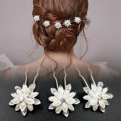 5Pcs/Set Pearl flower hairpin Fashion Women U Shape Flower Hair Pins Metal Barrette Pearl Clips Hair Accessories Wedding Hairstyle Design Tools