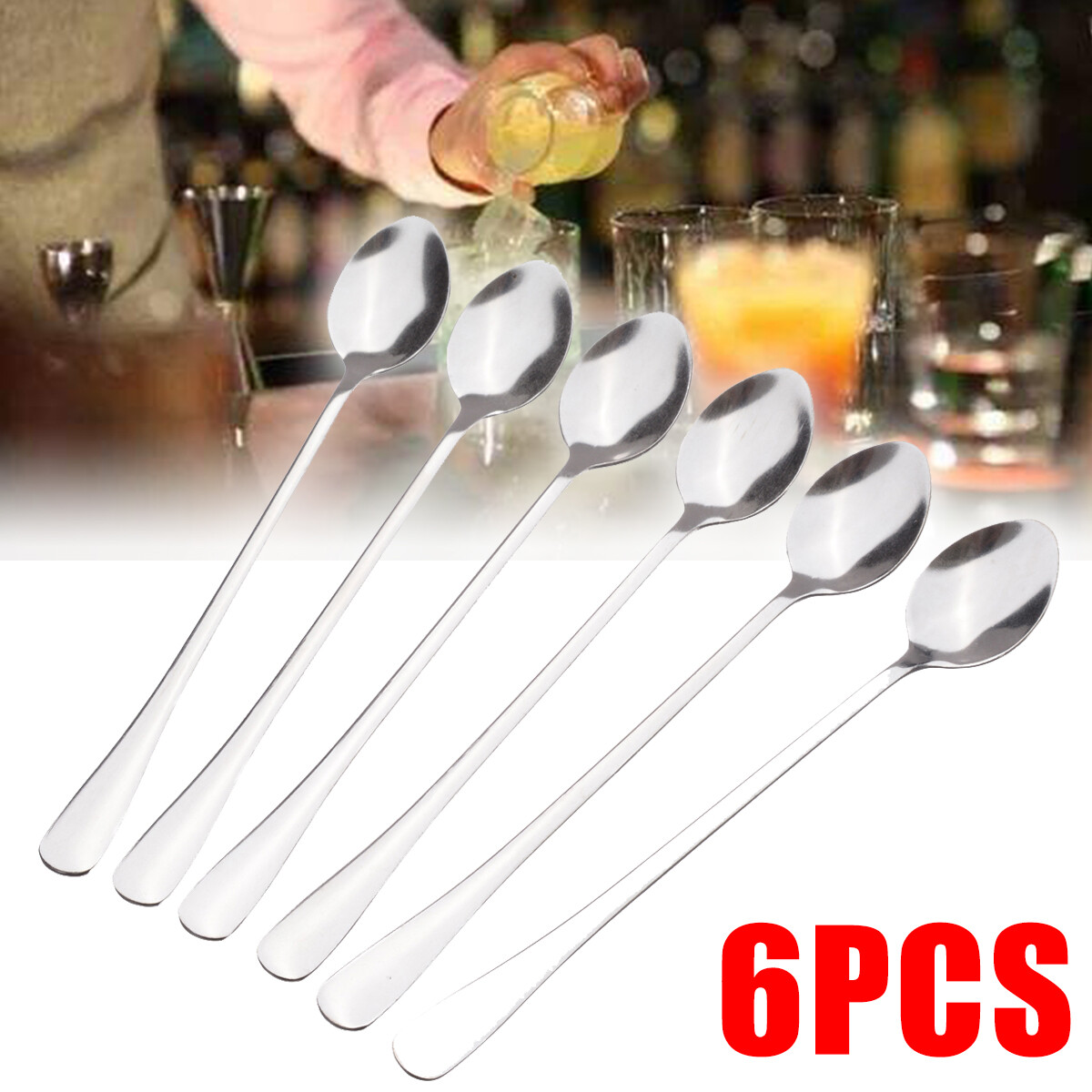 BOKALI 6pcs Long Stainless Steel Cream Cocktail Ice Mixing Teaspoons Coffee Tea Spoons