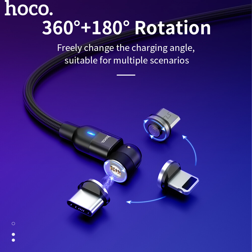 Cáp Nam Châm Hoco 3 Trong 1, Đầu Tròn Sạc Nhanh 3A Xoay Type-C /Micro USB/Chiếu Sáng Cho iPhone HUAWEI OPPO ViVO