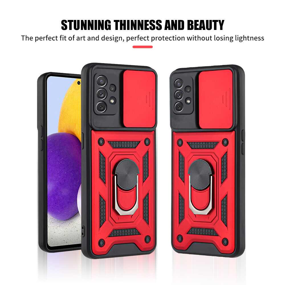 For Samsung Galaxy A72 A52 A42 A32 A22 A12 Car Magnetic Stand Ring Armor Push Pull Camera Protect Case For Samsung A02s A10s A11 A20 A20s A30 A31 A51 A71 A82 M11 M12 M51 M62 F62 Note 20 S20 S21 Ultra