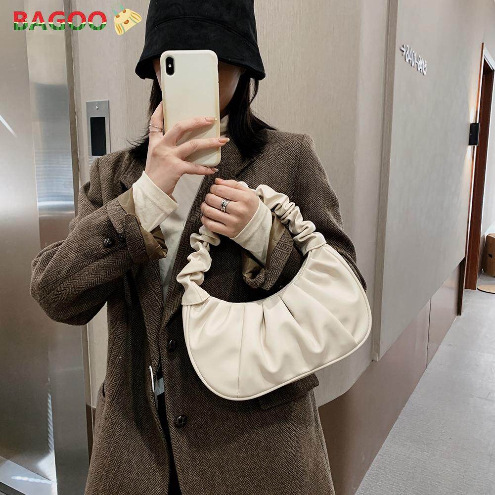BAGOO Elegant Pleated PU Leather Handbag Women Pure color Mini Shoulder Underarm Bag Evening Party Clutch Street Tote Bag Women