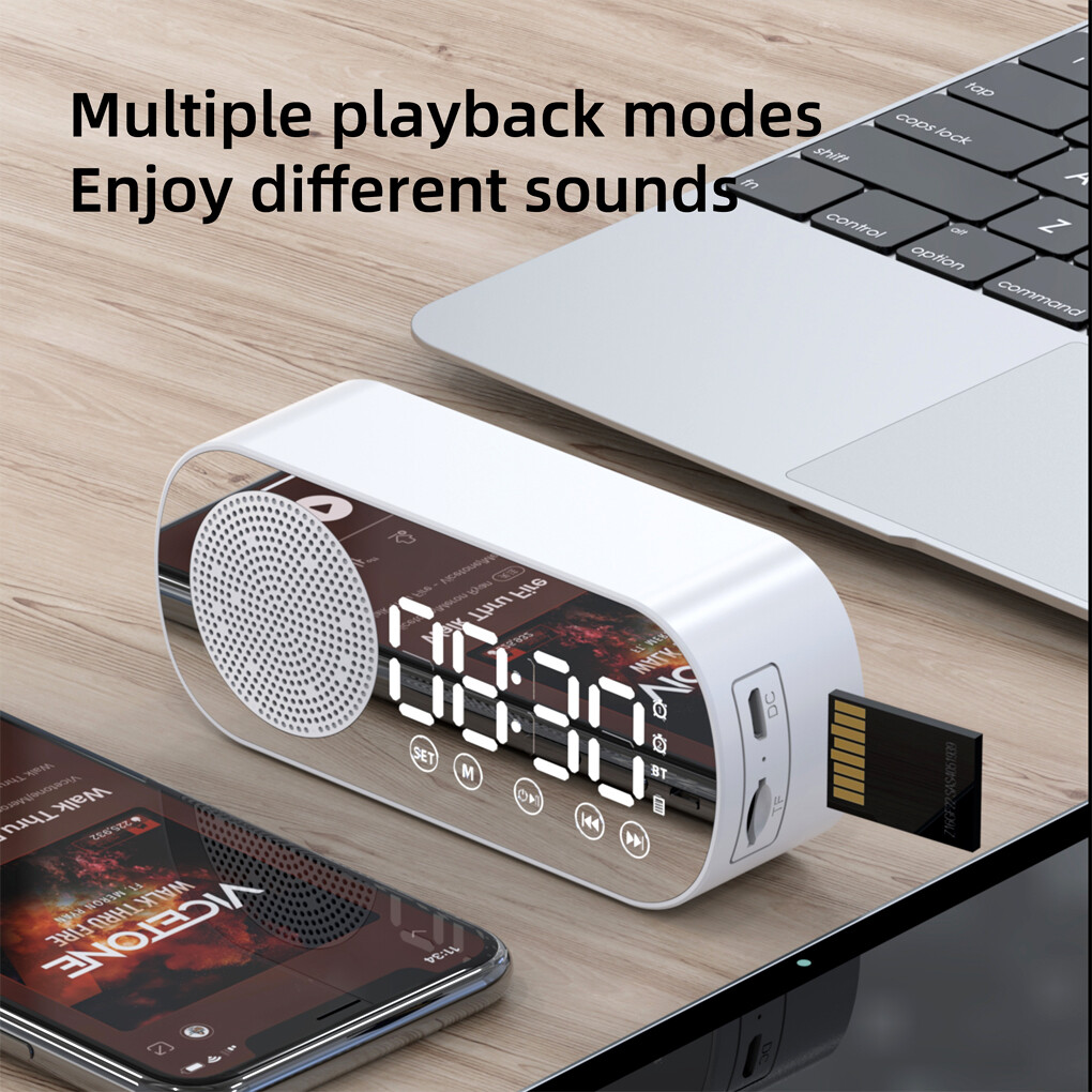 Digital Alarm Clock Mirror Surface Button Operation Bluetooth-compatible 5.0 Speaker Wireless MP3 Player Household Supplies