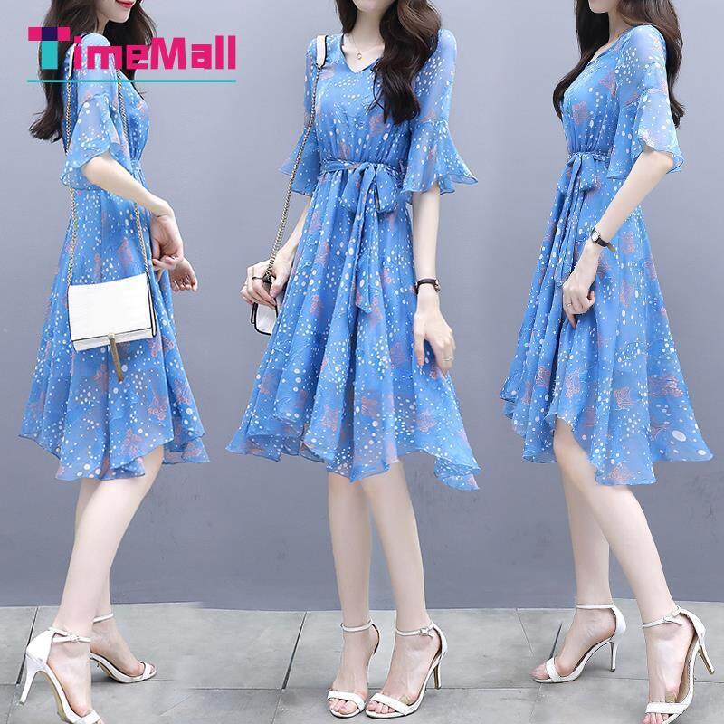 Giá bán Timemall Phụ Nữ Váy Cổ Chữ V Mỏng Nữ Thanh Lịch Chấm Bi Hoa Ngắn Tay Áo Loe Dài Vừa Ruy Băng