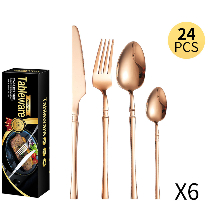 24PCS Knife Fork Spoon Set Steak Western Food Shiny Simple Stainless Steel Bamboo Handle Home Tableware