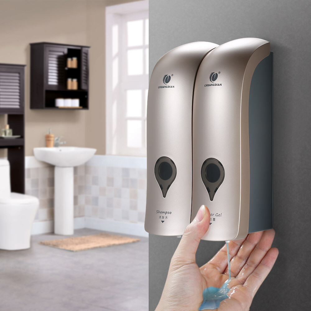 CHUANGDIAN 300ml*2 Wall Mounted Double-Head Manual Soap Dispenser Shower Gel Liquid Shampoo Dispenser Holder for Hotel Home Bathroom--Grey