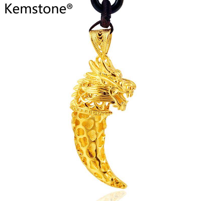 Kemstone Brass Gold Plated Retro Wolf Tooth Pendant Chain Necklace Fashion Jewelry for Men