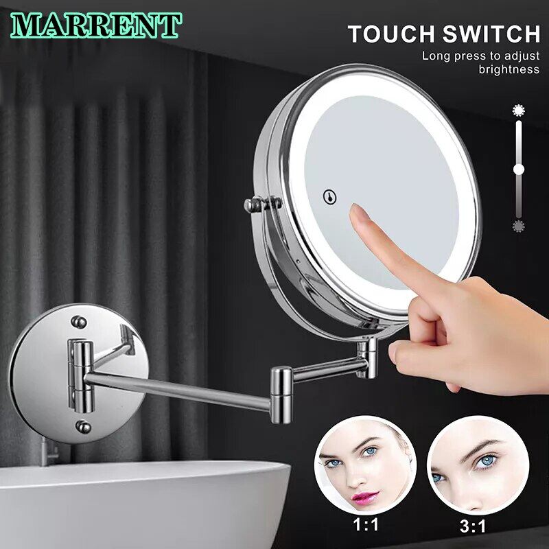 Led Folding Bathroom Mirrors Touch Ftion Led Magnifying Makeup Mirror Wall Mounted Dual Arm Extension LED Bathroom Mirror
