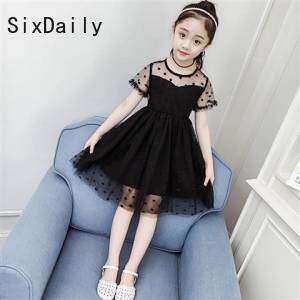 Sixdaily summer girls black polka dot short sleeve dress 110-160 d0311