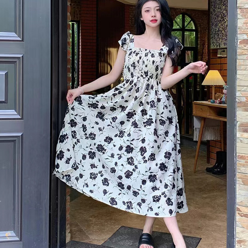 Laz Nigori Floral Dress Waist slimming and sweet long skirt with flying sleeves