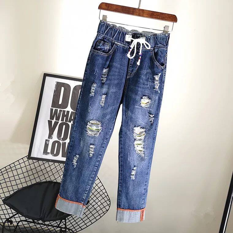 Harlan jeans women's summer new Korean version of loose casual nine-point pants elastic waist large size was thin hole-breaking pants