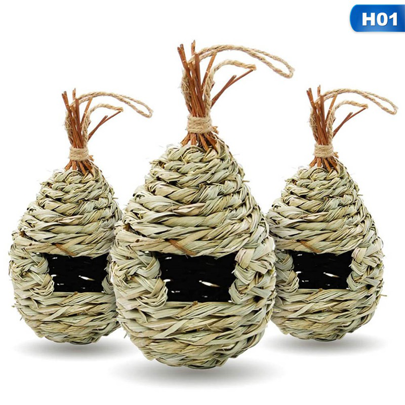 Nhà chim ruồi dệt bằng tay winemana, bộ 3 Túp lều chim 9 x 4 , bên ngoài treo cỏ, tổ chim ruồi tự nhiên cho ngoài trời
