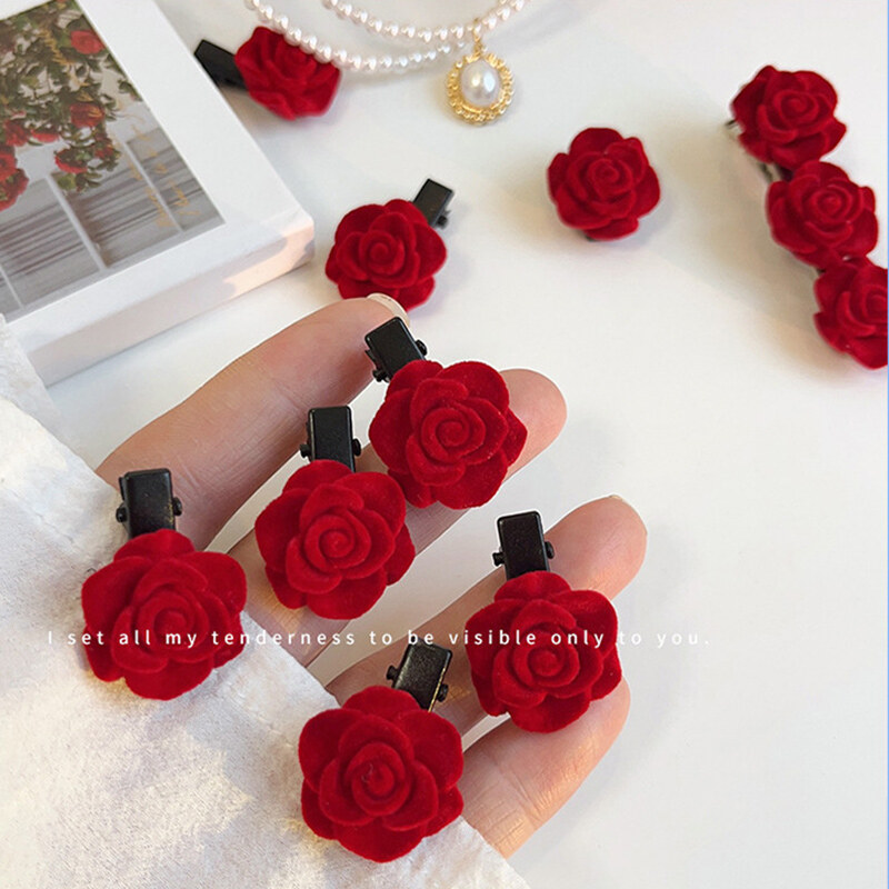 Flocked red rose hairpins