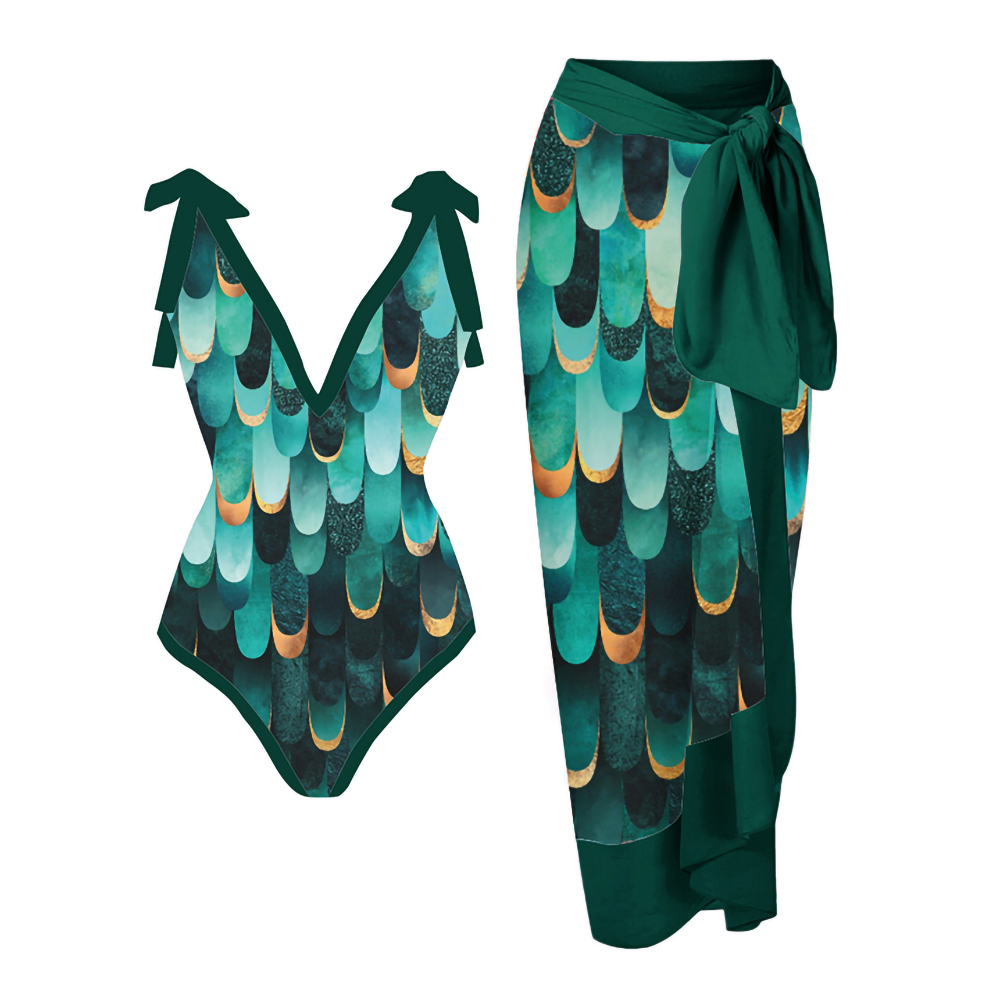 2pcs/set Swimsuit and Skirt Black Green Gradient Printed Slim Bikini One-piece Slim Bow Swimsuit Swimsuit 2023 Fashion Lace Beach Dress Top Women's Swimwear