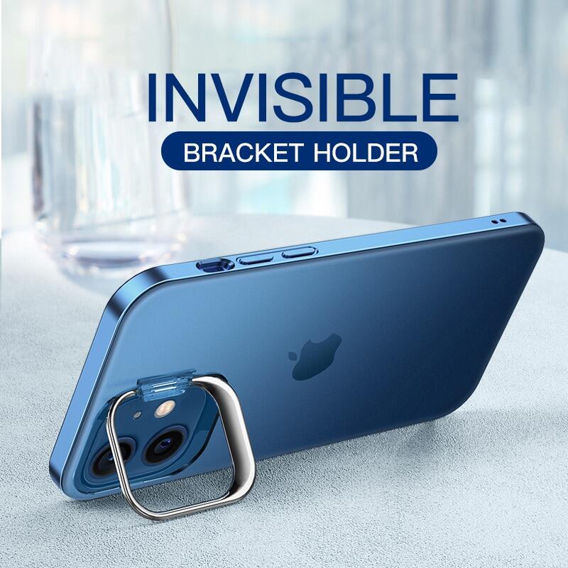 Luxury Ultra Thin Metal Kickstand Phone Case For iPhone 15 14 13 Pro 12 11 Pro Max Hard PC Shockproof Clear Cover Funda Coque Holder
