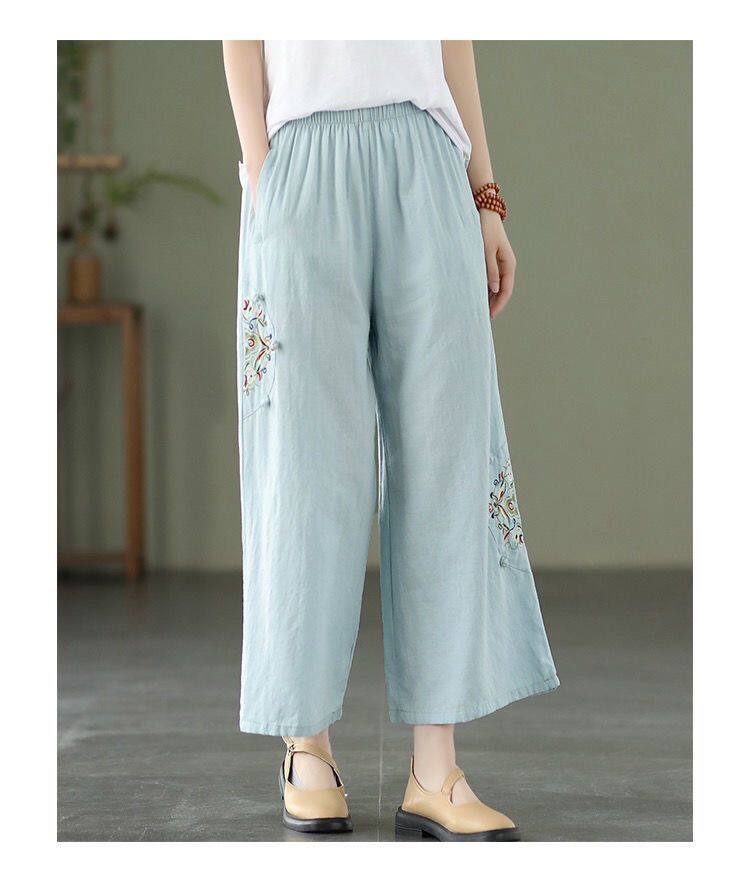 Quần ống Rộng Nữ Bông Và Lanh Thêu Dân Tộc Quần Baggy Nữ Lưng Cao Khóa Văn Học Cổ điển Quần âu