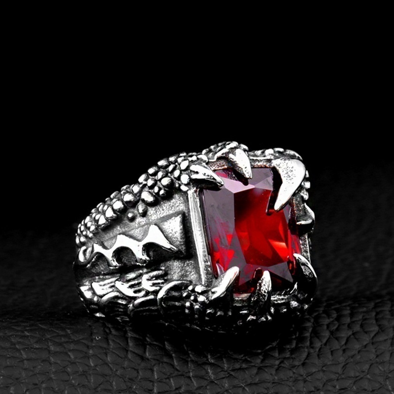 Vintage Gothic Men Dragon Claw Ruby Ring Hip Hop Jewelry