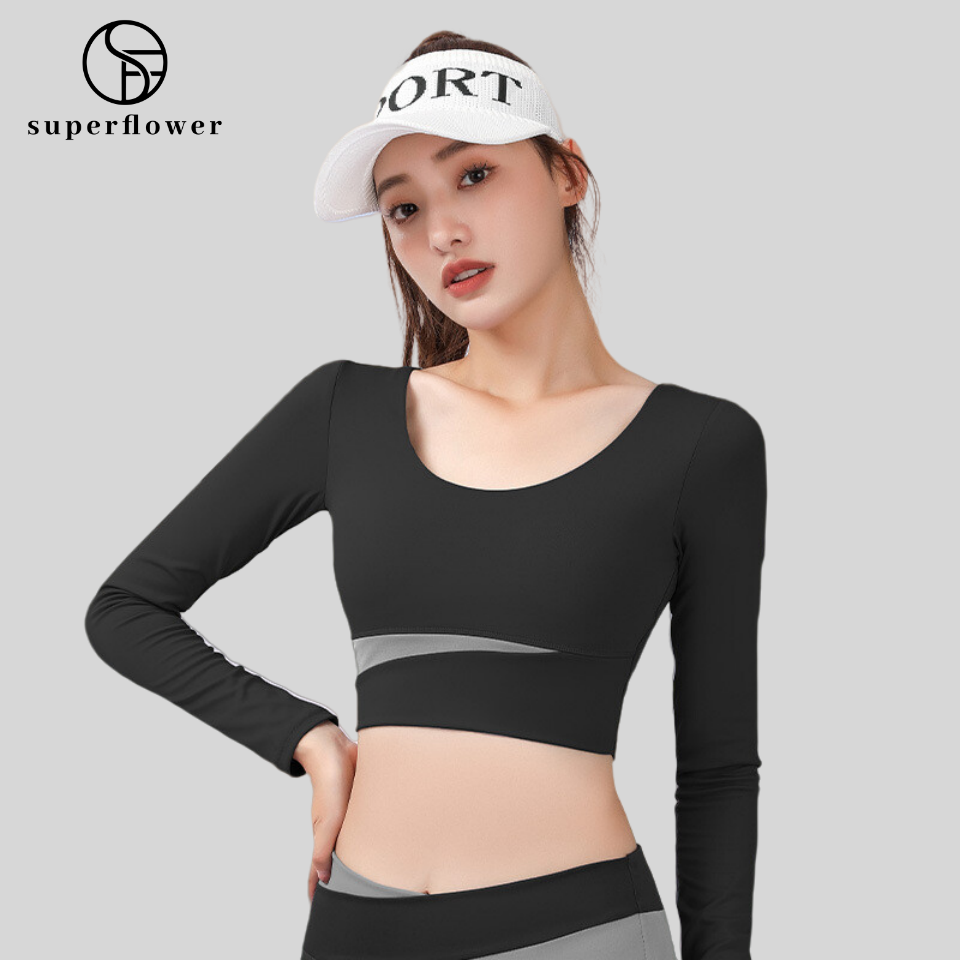 SUPERFLOWER New Women's Long Sleeve Top with Fixed Chest Pads Breathable Shirt for Running Jogging Yoga Fiess_voghion.com
