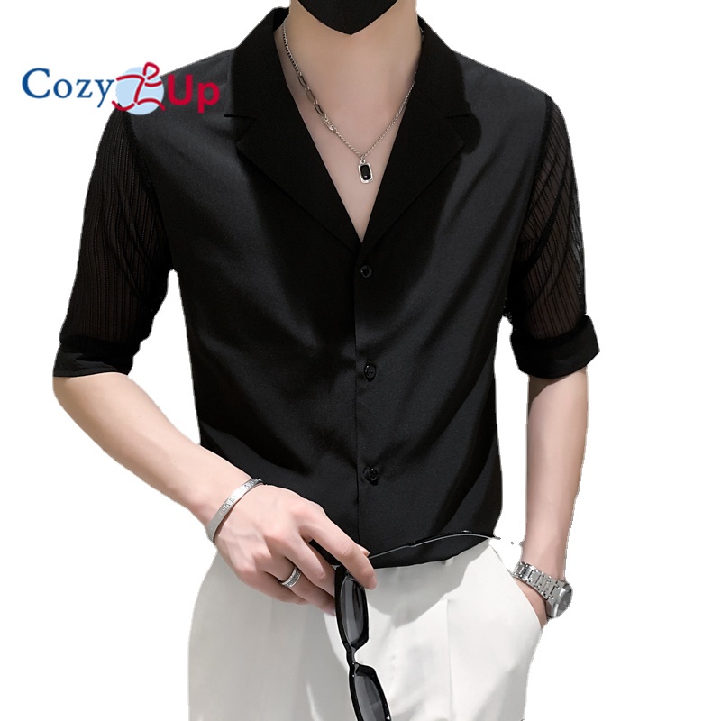 Cozy Up Áo Sơ Mi Tay Lửng Nam Dáng Ôm Màu Trơn Cổ Chữ V Polyester Thường Ngày