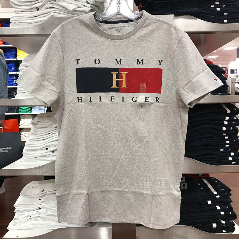 TOMNY men's fashion gold print large label cotton short sleeve T-shirt