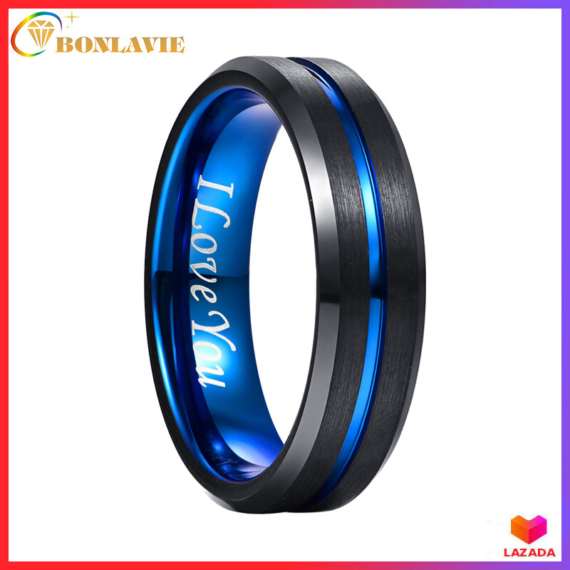 BONLAVIE Mens Tungsten Ring Wedding Band 4mm 6mm 8mm 10mm Engraved I Love You Blue/Black Centre Groove Comfort Fit Size 6-17