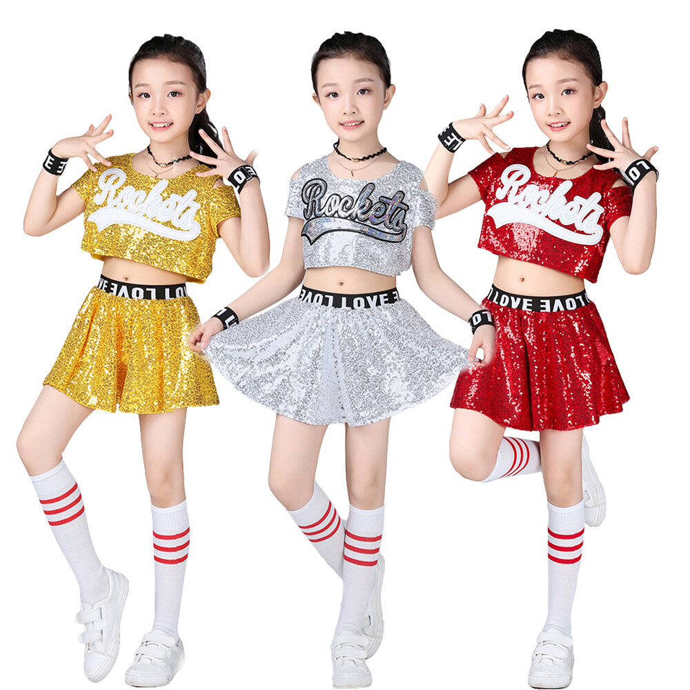 LOLANTA 5Pcs Girls and Boys Cheering Sequin Uniforms Outfit Children's Short Sleeve Crop Top & Skirt/ Shorts Set Street Dance  Jazz Costumes 3-12 Years