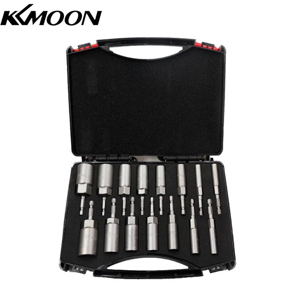 KKmoon 15 Pcs Power Nut Driver Drill Bit Set 5.5-19mm Chrome Vanadium Steel Hex Bit Socket Set Wrench Screw Drill Bit Holder for Electric Drill with Storage Case