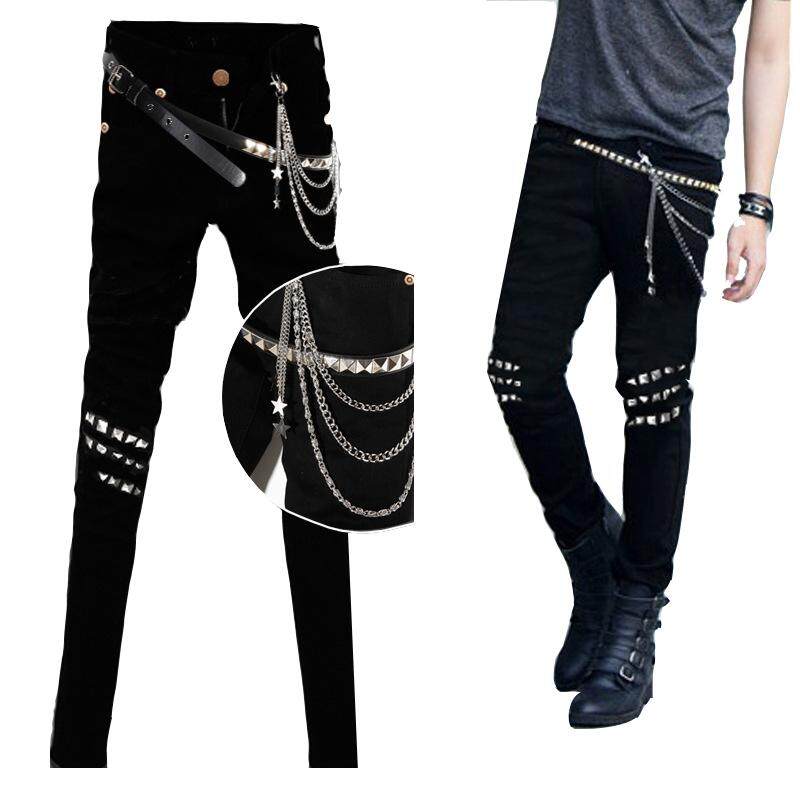Pria Hitam Punk Hip Hop Jeans dengan Rivet Mens Jean Ketat Potongan Pas Badan Celana Denim Celana Panjang Biker